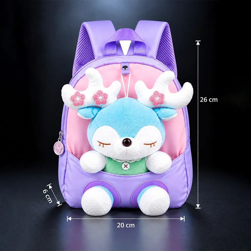 Purple & Pink Reindeer Tiny Toddlers Backpack with Removable Soft Toy for nursery and Playgroup