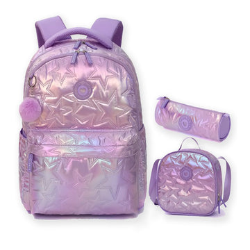 3pcs Shiny Purple Star Matching Backpack, Lunch Bag and Stationery Pouch, 8 yrs to Adults