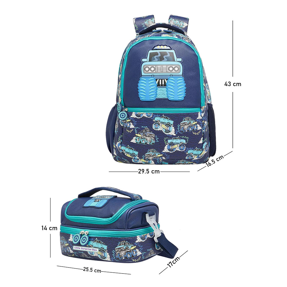 2pcs Monster Truck School Backpack & matching Lunchbag for Kids, 5yrs - 10 yrs