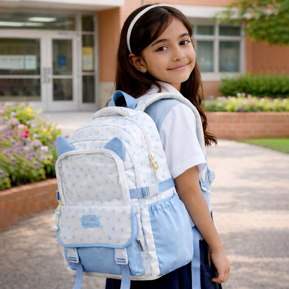 White & Blue Star Print, Ear Detailed School Backpack for Kids