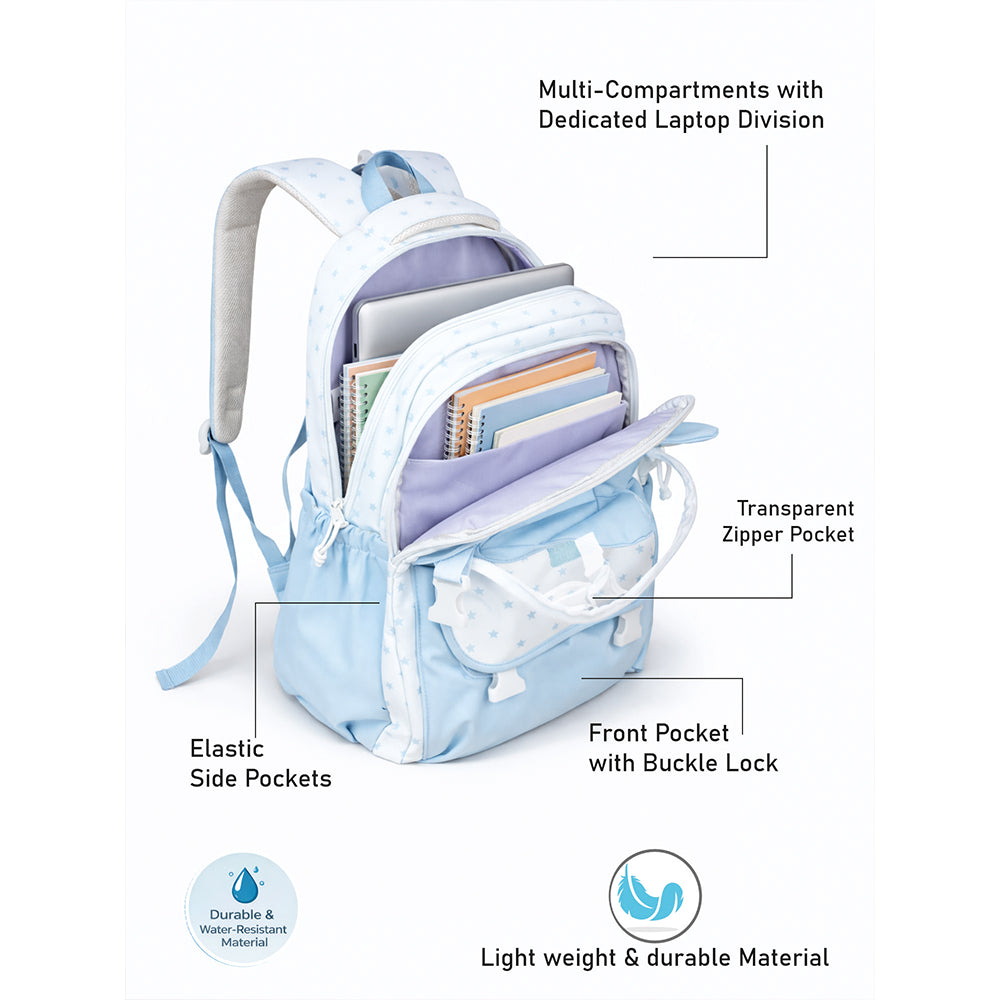 White & Blue Star Print, Ear Detailed School Backpack for Kids