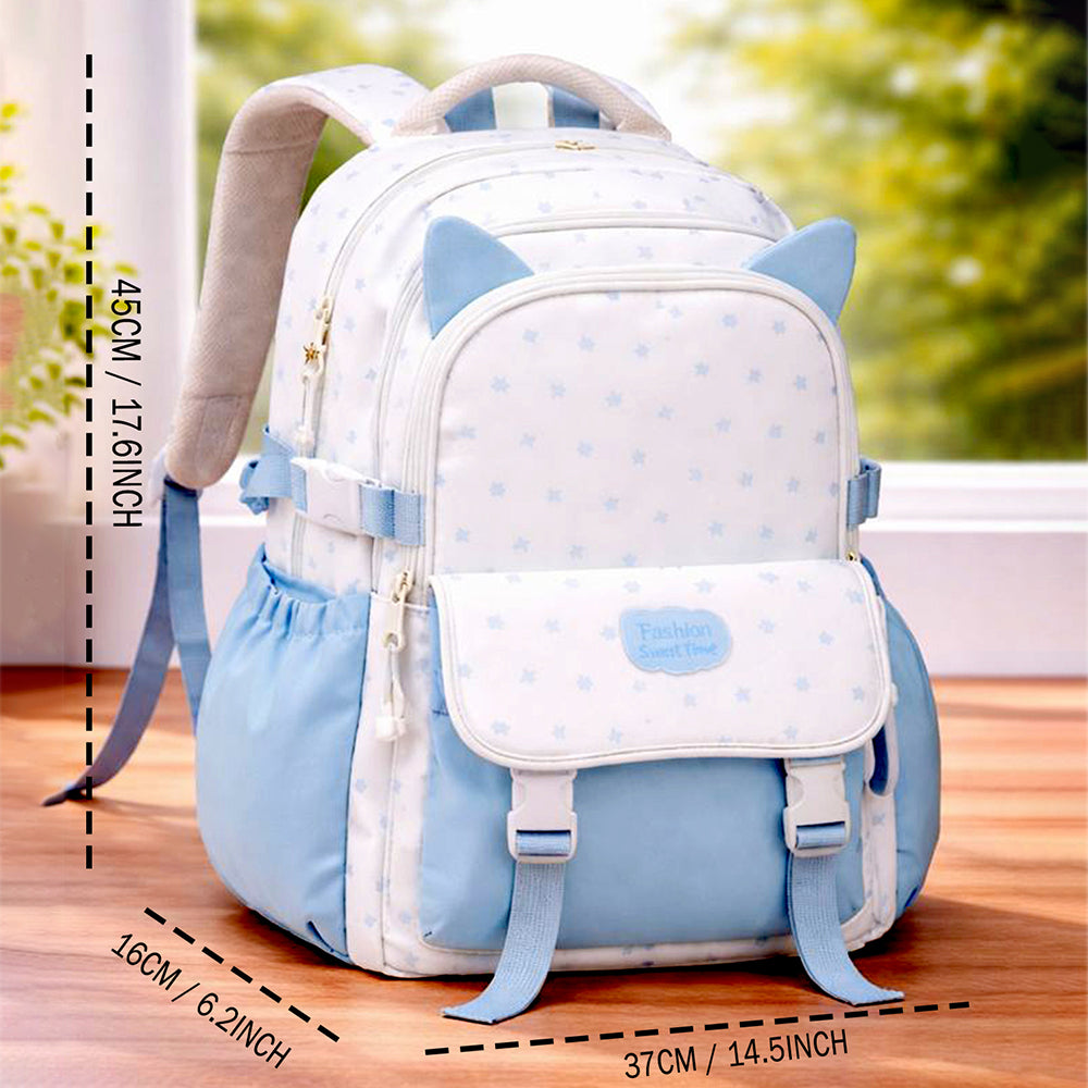 White & Blue Star Print, Ear Detailed School Backpack for Kids