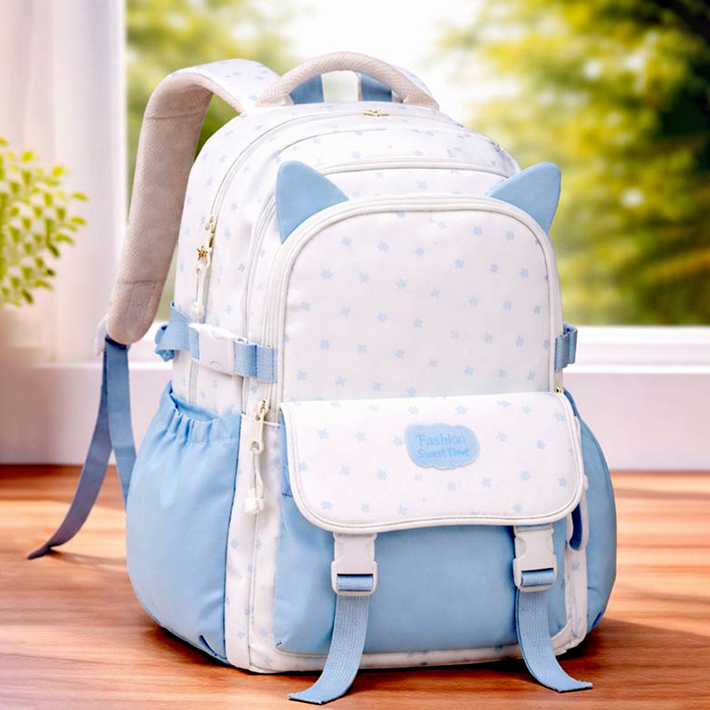 White & Blue Star Print, Ear Detailed School Backpack for Kids
