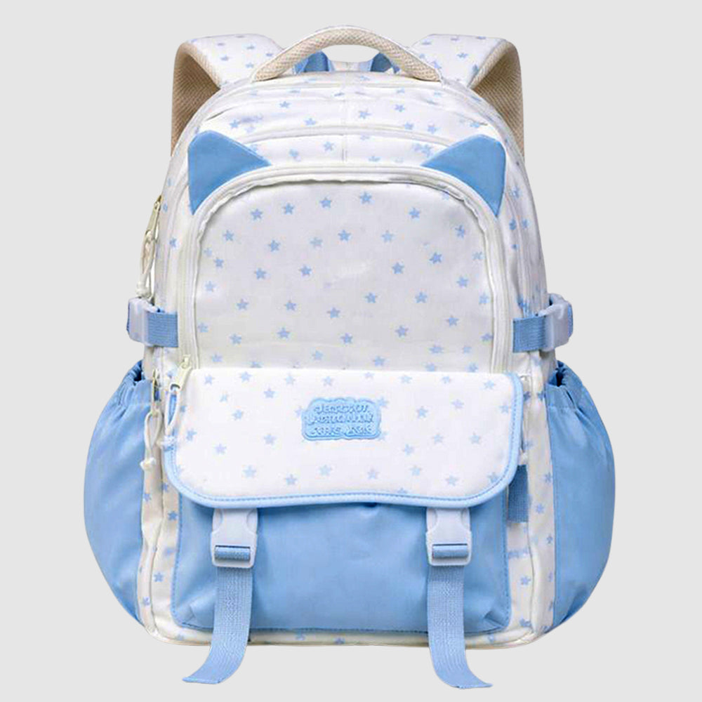 White & Blue Star Print, Ear Detailed School Backpack for Kids