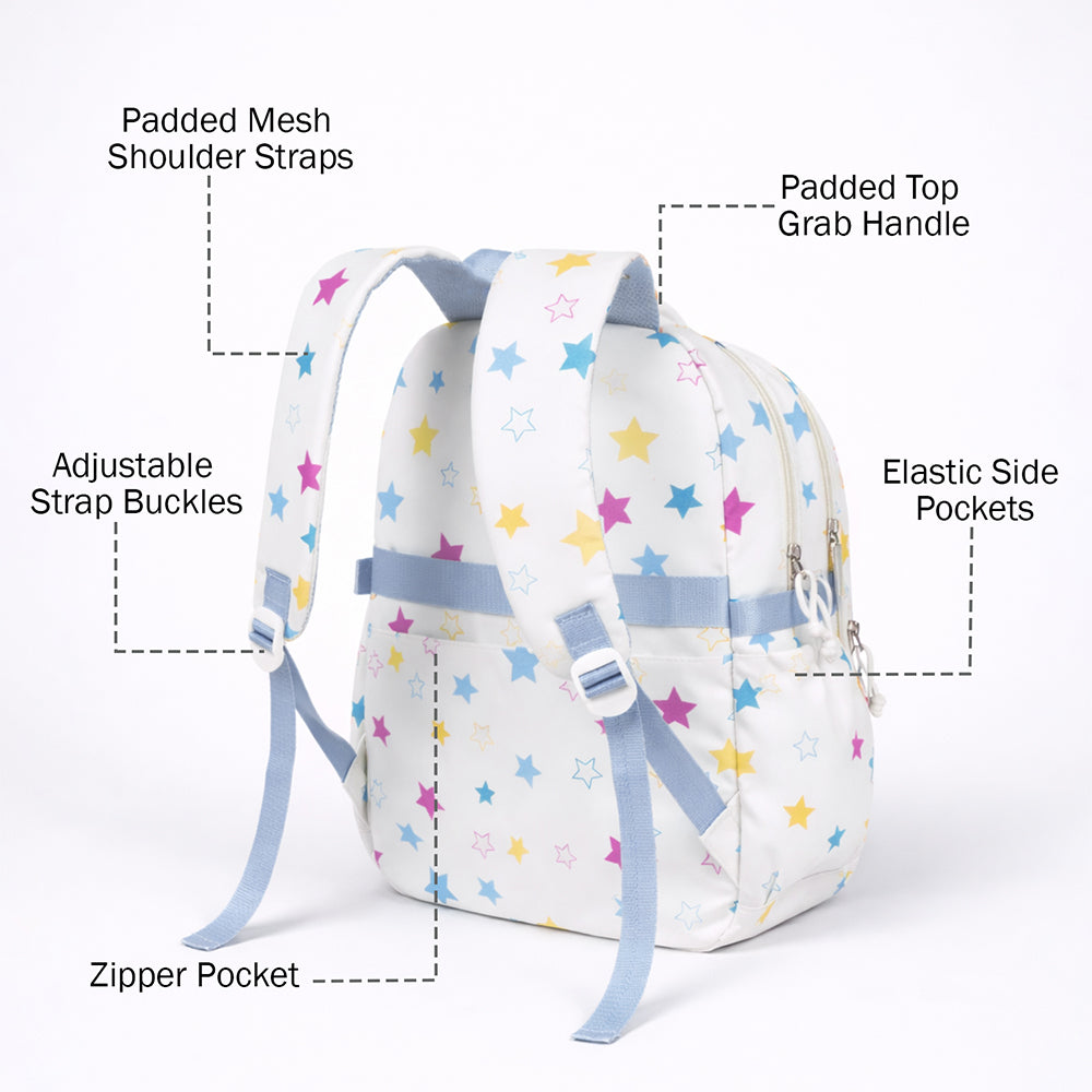 White Multicolor Star Print with Front Bungee Pocket School Backpack with Detachable Plush Star Keychain & Star Pins for Kids