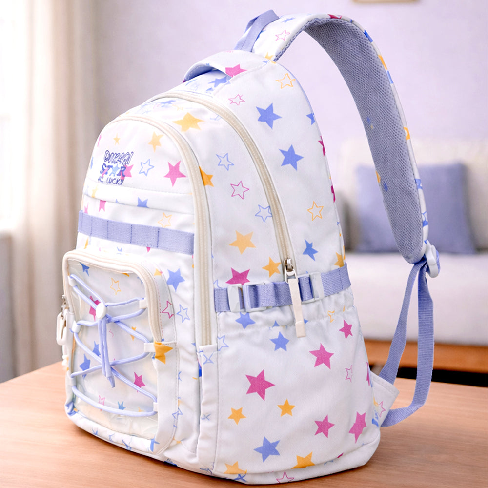 White Multicolor Star Print with Front Bungee Pocket School Backpack with Detachable Plush Star Keychain & Star Pins for Kids