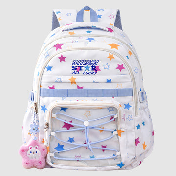 White Multicolor Star Print with Front Bungee Pocket School Backpack with Detachable Plush Star Keychain & Star Pins for Kids