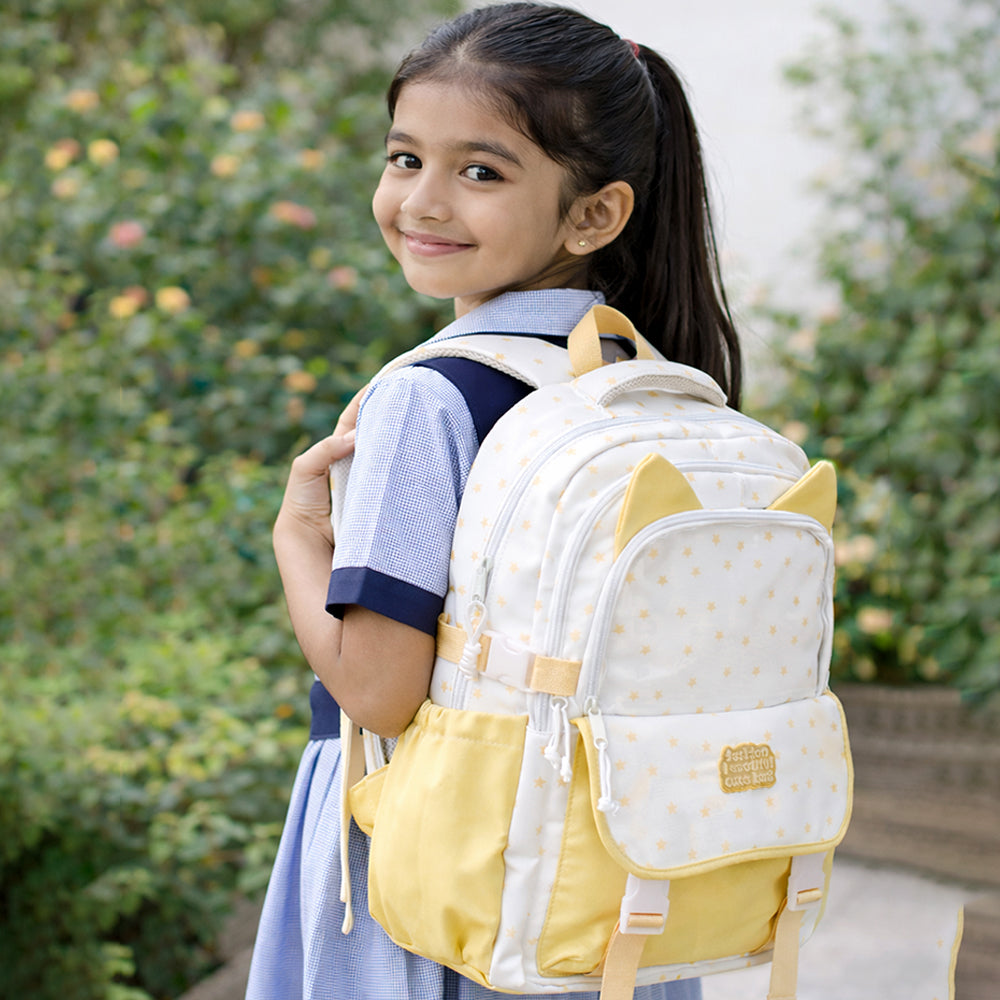 White & Pastel Yellow Star Print, Ear Detail School Backpack for Kids