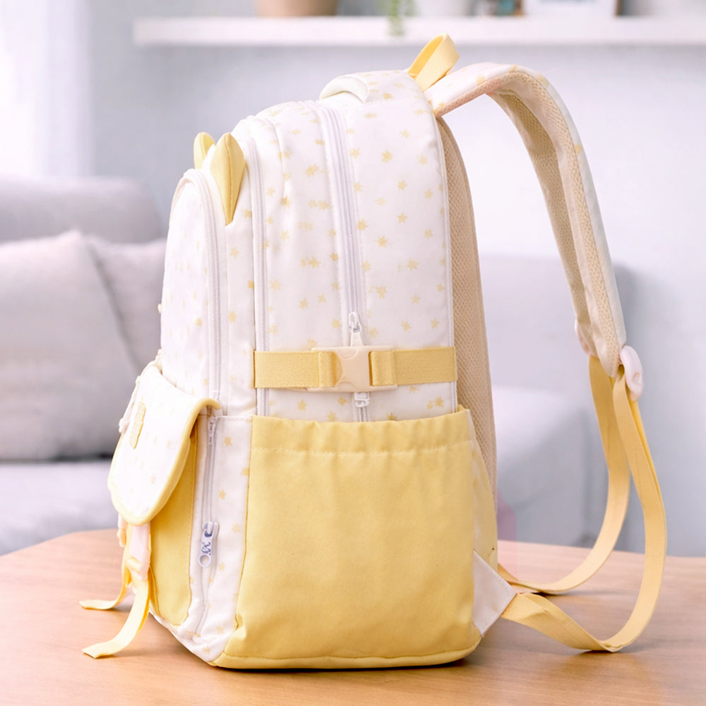 White & Pastel Yellow Star Print, Ear Detail School Backpack for Kids