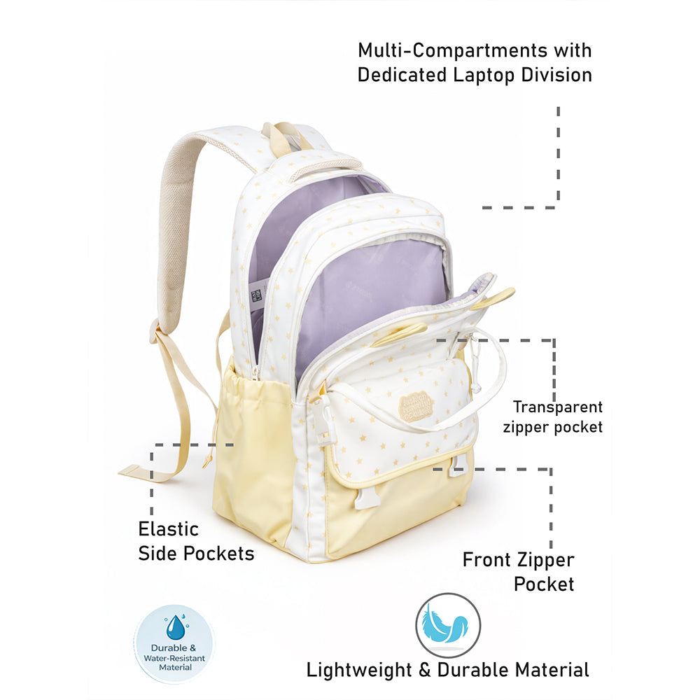 White & Pastel Yellow Star Print, Ear Detail School Backpack for Kids