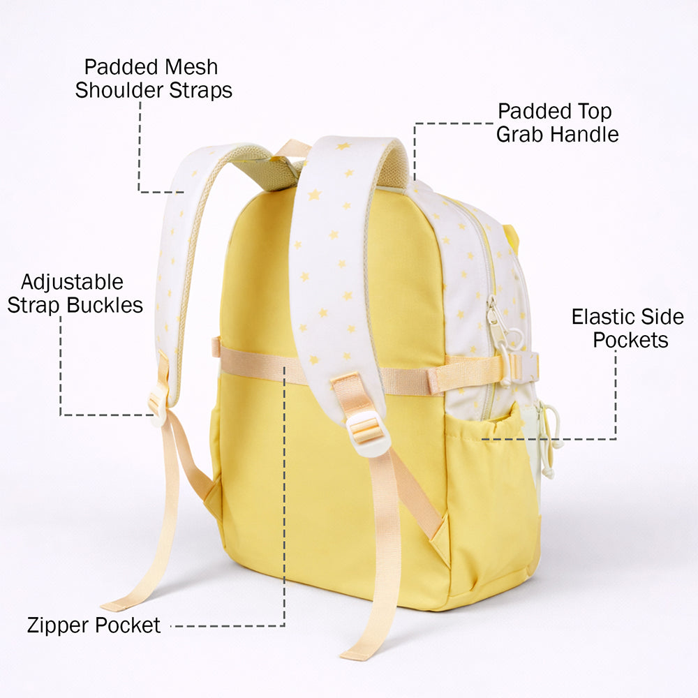 White & Pastel Yellow Star Print, Ear Detail School Backpack for Kids