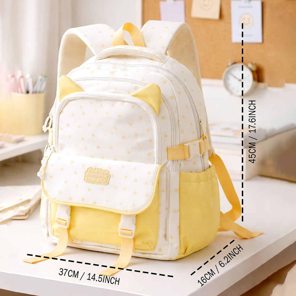 White & Pastel Yellow Star Print, Ear Detail School Backpack for Kids