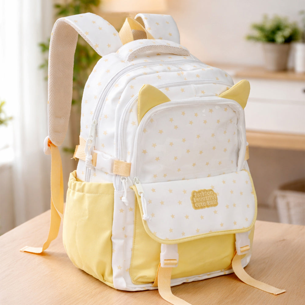 White & Pastel Yellow Star Print, Ear Detail School Backpack for Kids