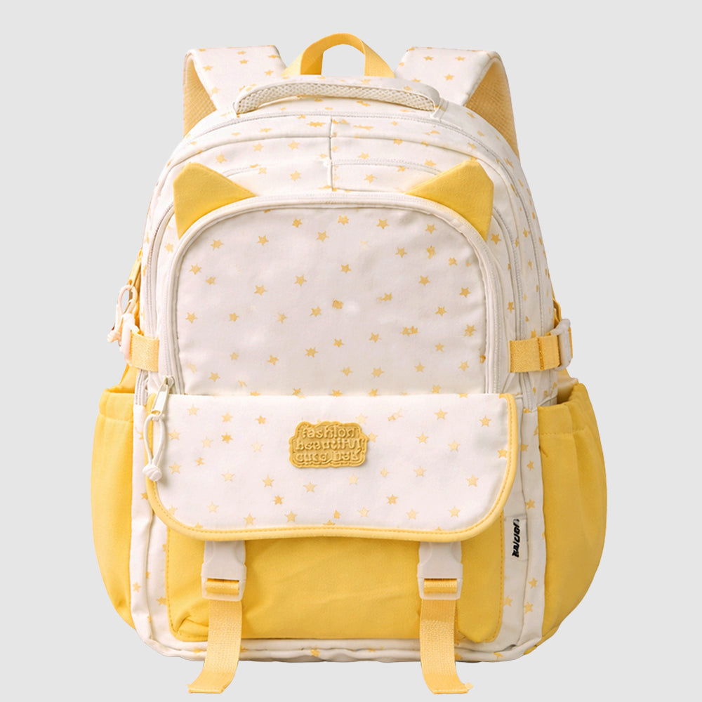 White & Pastel Yellow Star Print, Ear Detail School Backpack for Kids
