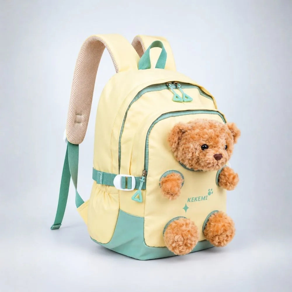 Yellow & Brown Teddy Tiny Toddlers Backpack with Removable Soft Toy for nursery and Playgroup