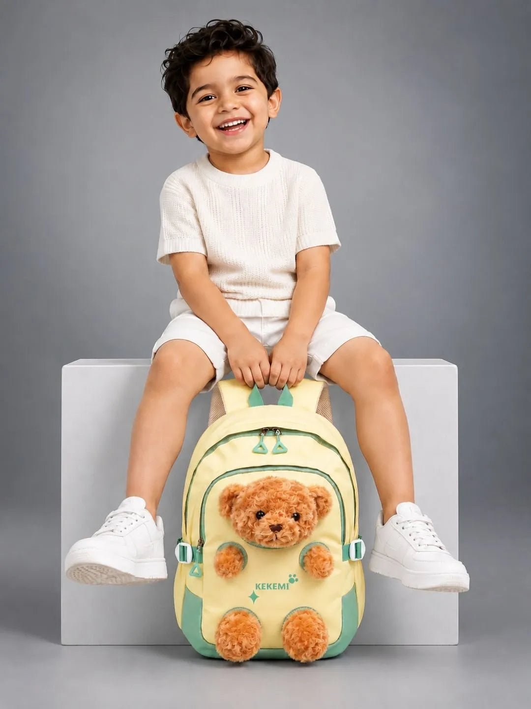 Yellow & Brown Teddy Tiny Toddlers Backpack with Removable Soft Toy for nursery and Playgroup