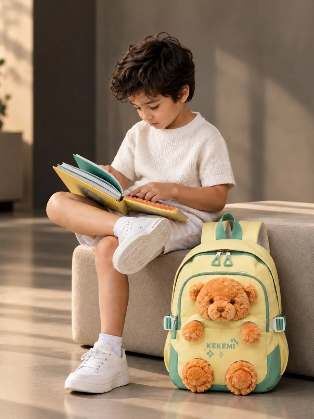 Yellow & Brown Teddy Tiny Toddlers Backpack with Removable Soft Toy for nursery and Playgroup