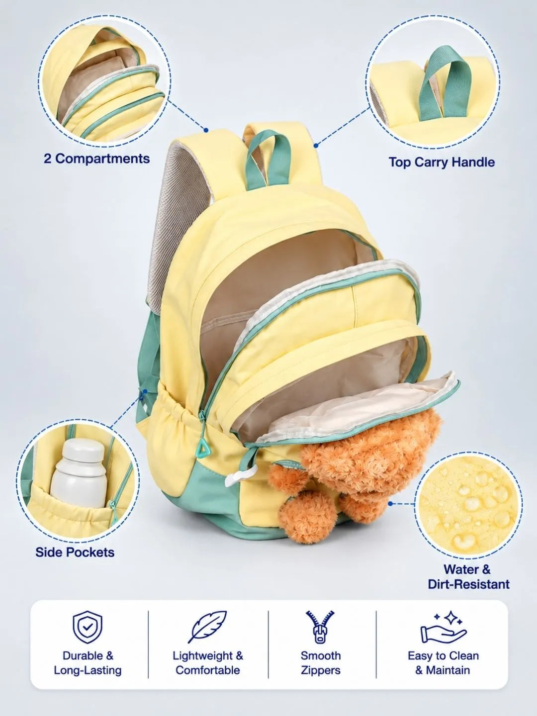 Yellow & Brown Teddy Tiny Toddlers Backpack with Removable Soft Toy for nursery and Playgroup