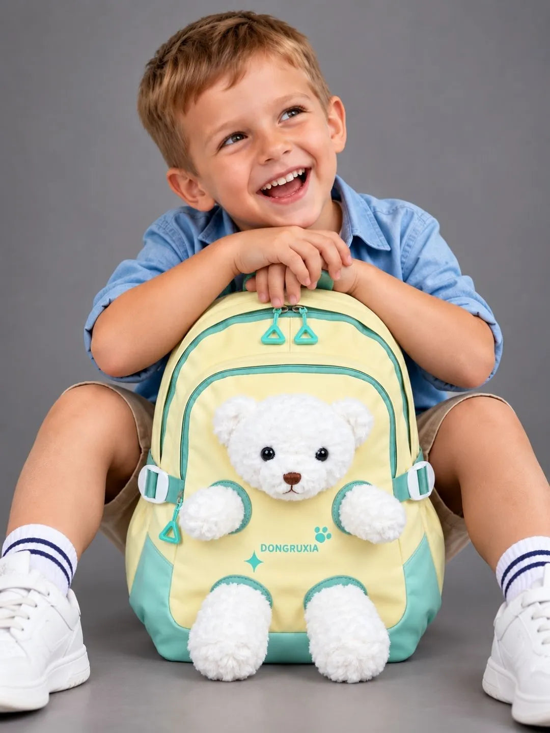 Yellow & White Teddy Tiny Toddlers Backpack with Removable Soft Toy for nursery and Playgroup