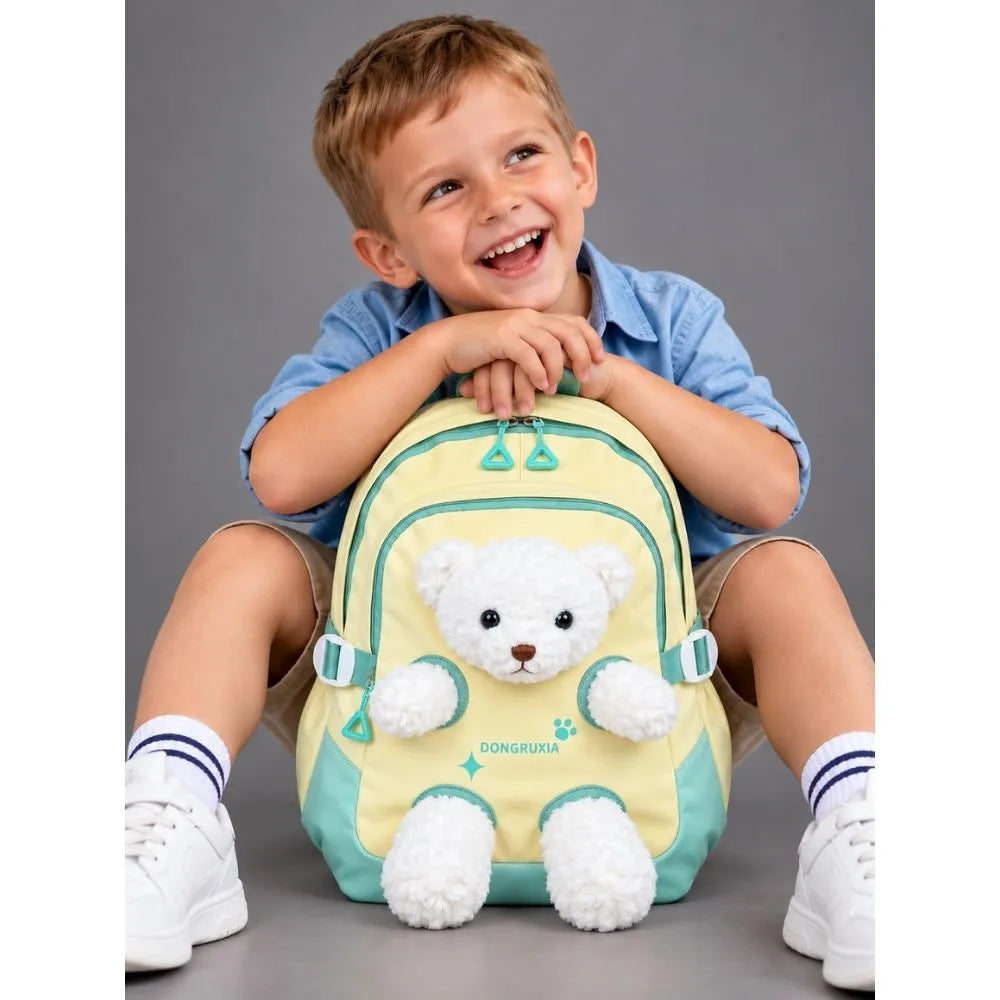 Yellow & White Teddy Tiny Toddlers Backpack with Removable Soft Toy for nursery and Playgroup