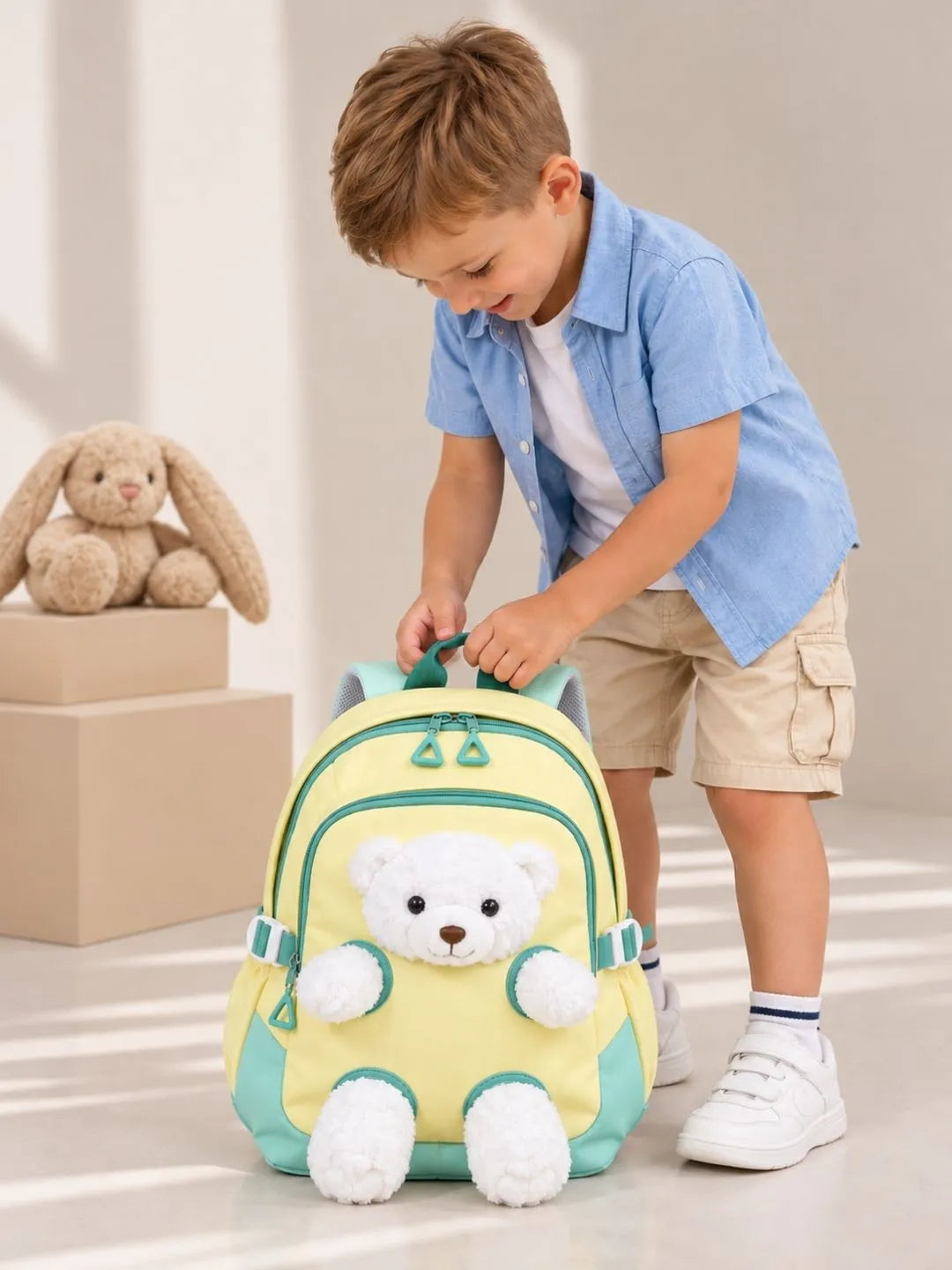 Yellow & White Teddy Tiny Toddlers Backpack with Removable Soft Toy for nursery and Playgroup