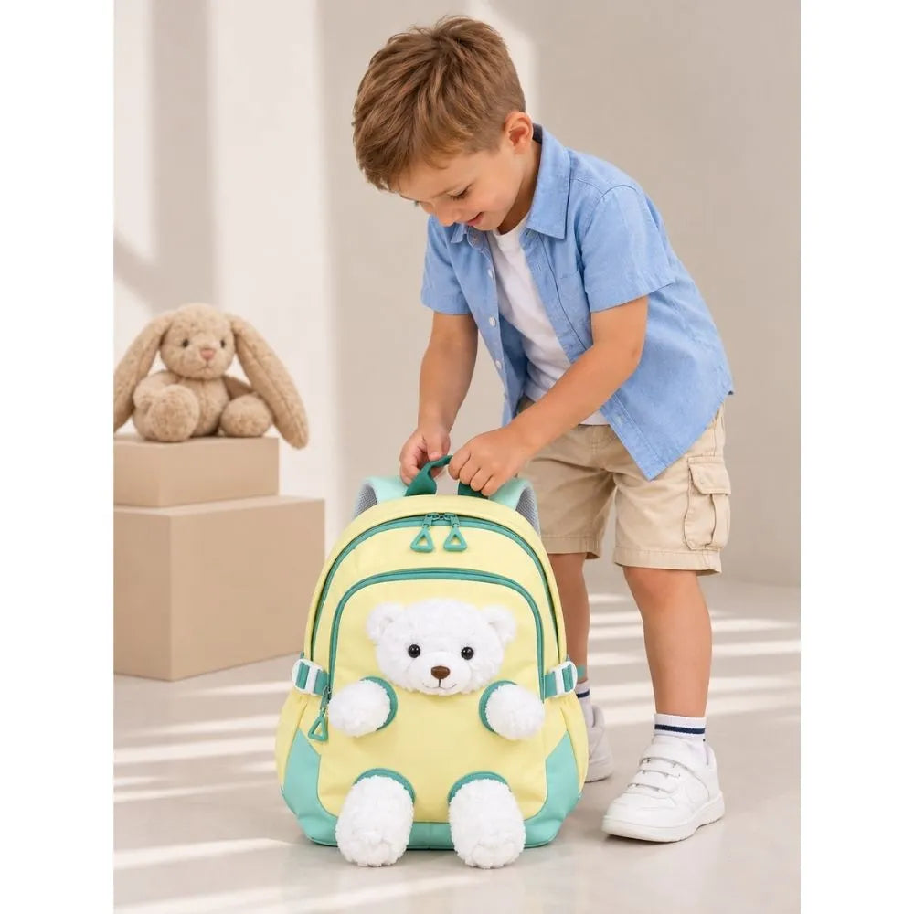 Yellow & White Teddy Tiny Toddlers Backpack with Removable Soft Toy for nursery and Playgroup