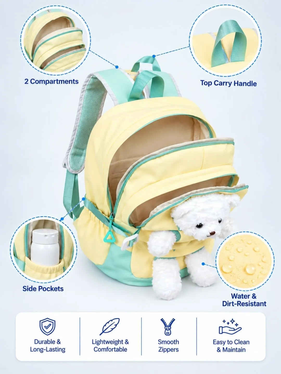 Yellow & White Teddy Tiny Toddlers Backpack with Removable Soft Toy for nursery and Playgroup