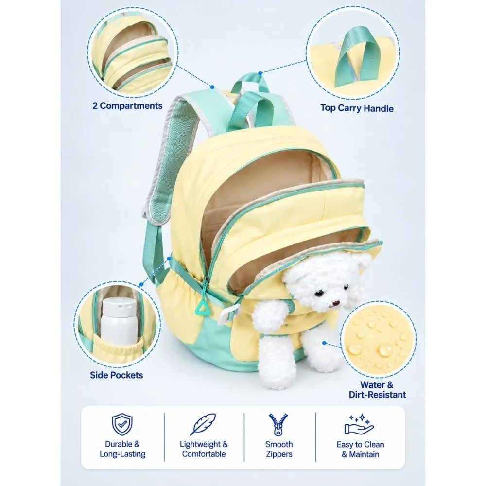 Yellow & White Teddy Tiny Toddlers Backpack with Removable Soft Toy for nursery and Playgroup