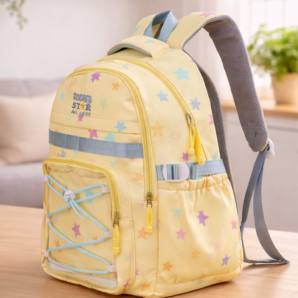 Pastel Yellow Star Print with Front Bungee Pocket School Backpack with Detachable Plush Star Keychain & Star Pins for Kids