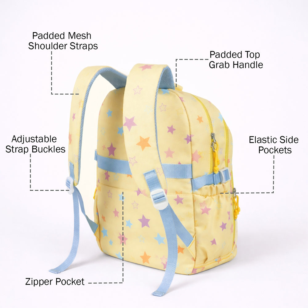 Pastel Yellow Star Print with Front Bungee Pocket School Backpack with Detachable Plush Star Keychain & Star Pins for Kids