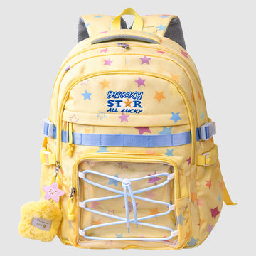 Pastel Yellow Star Print with Front Bungee Pocket School Backpack with Detachable Plush Star Keychain & Star Pins for Kids