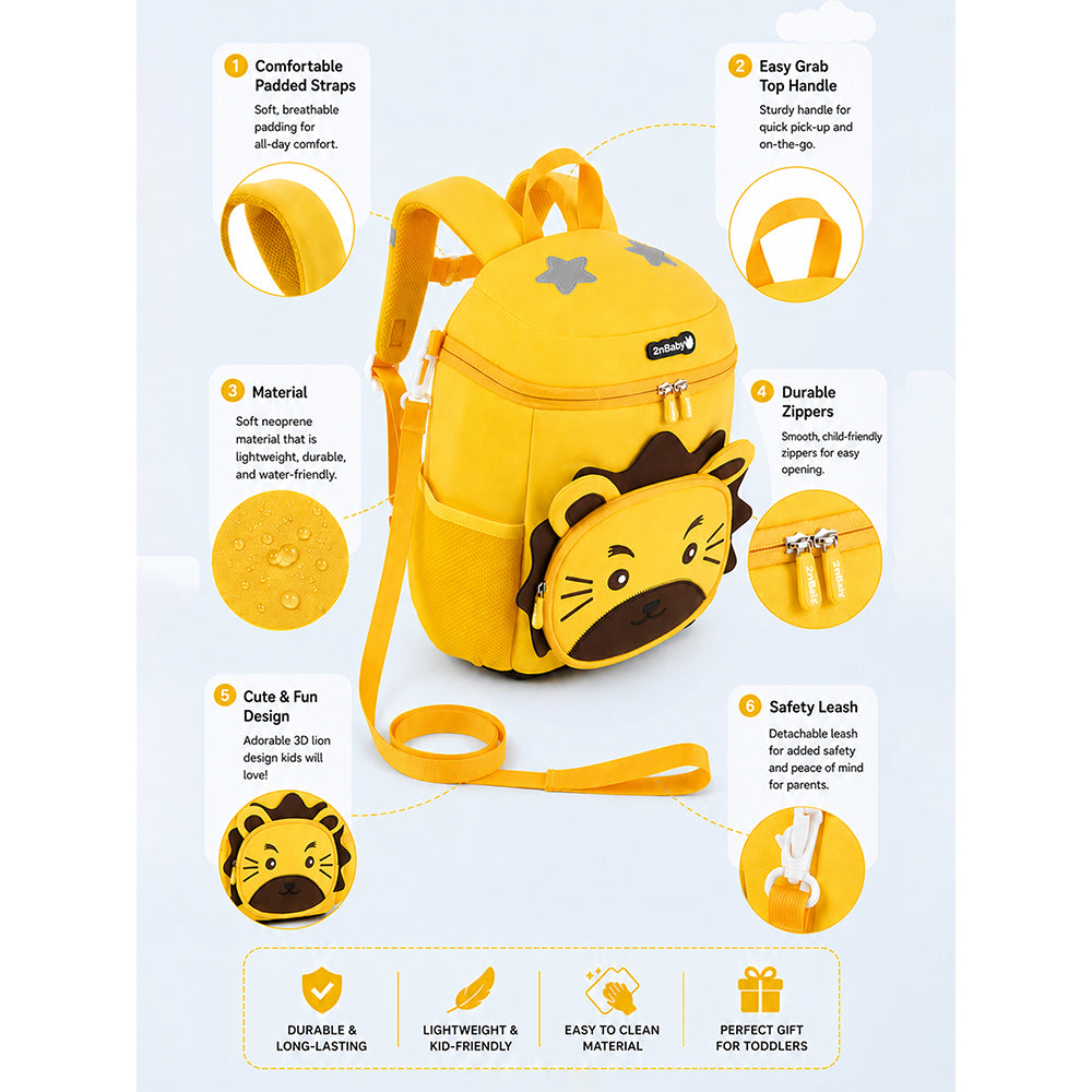 Yellow 3D Lion Face Soft Neoprene Backpack for Toddlers & Kids, 3yrs - 5yrs