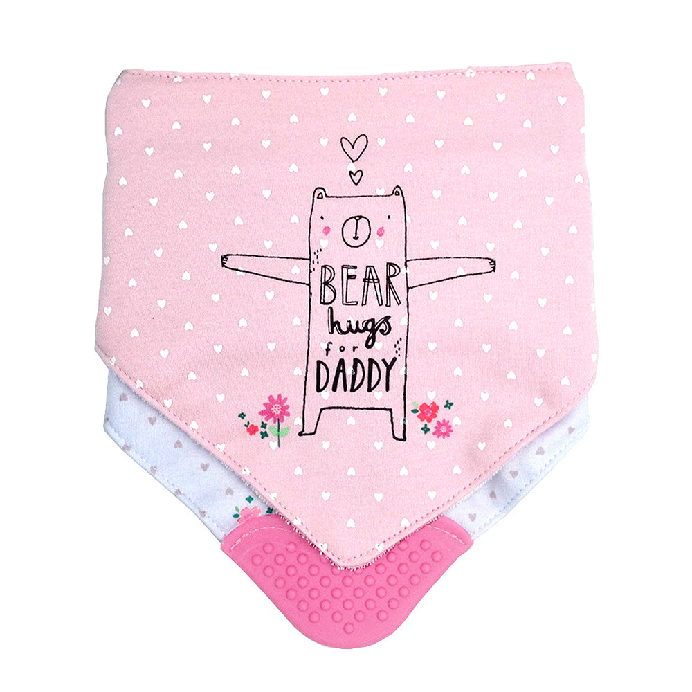 2PCS Set of Bear Hugs print premium adjustable snap button closure & Silicone Teether Flap Bibs