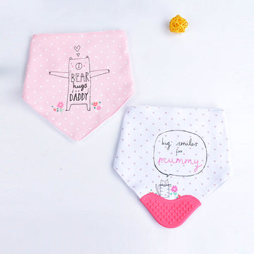 2PCS Set of Bear Hugs print premium adjustable snap button closure & Silicone Teether Flap Bibs