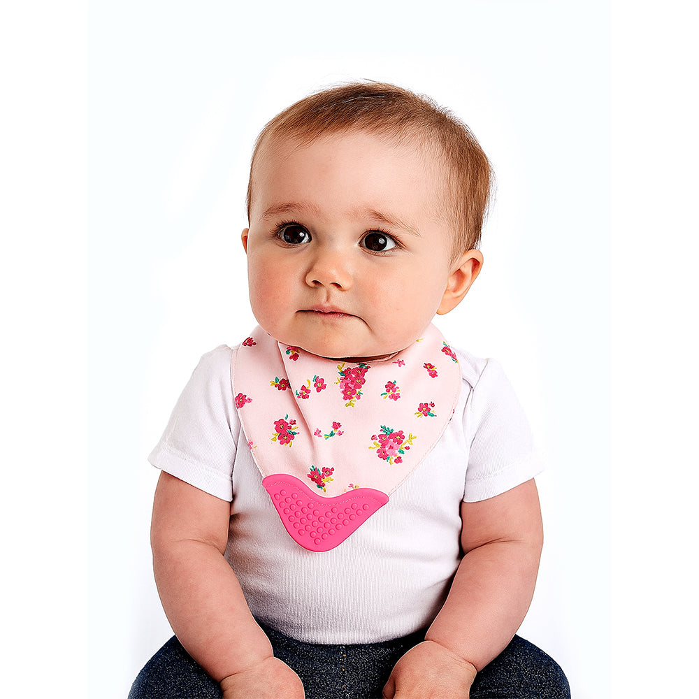 2PCS Set of Floral print premium adjustable snap button closure & Silicone Teether Flap Bibs
