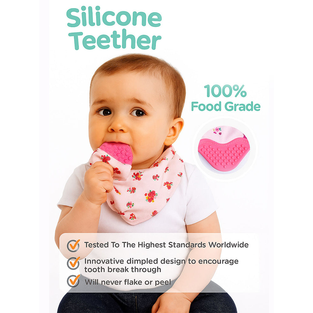 2PCS Set of Floral print premium adjustable snap button closure & Silicone Teether Flap Bibs
