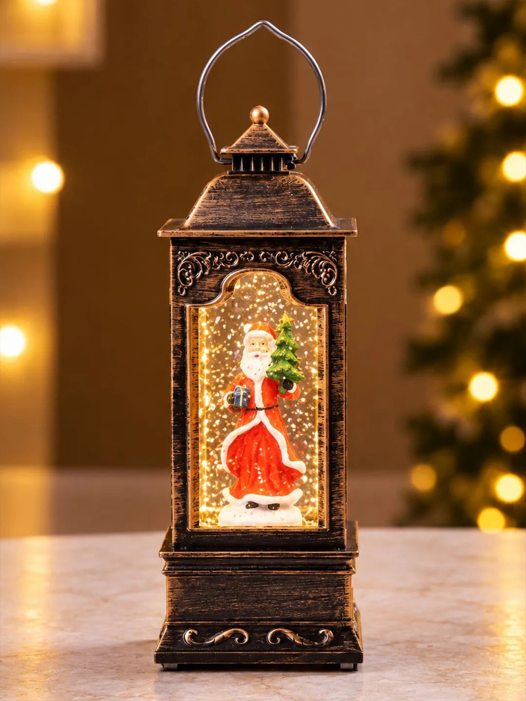 Santa Claus Antique Lantern with Musical Glitter Water and Lights, Christmas Home Décor