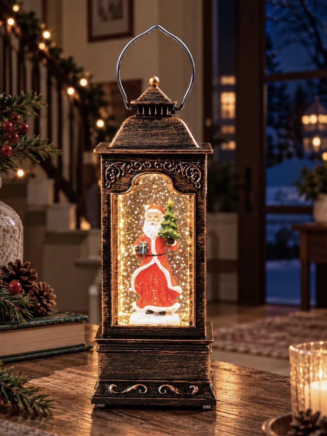 Santa Claus Antique Lantern with Musical Glitter Water and Lights, Christmas Home Décor