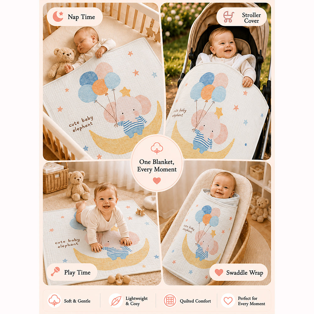Baby Elephant with Balloons, Super Soft Muslin Cotton Blanket for Newborns & Infants with Free Storage Pouch