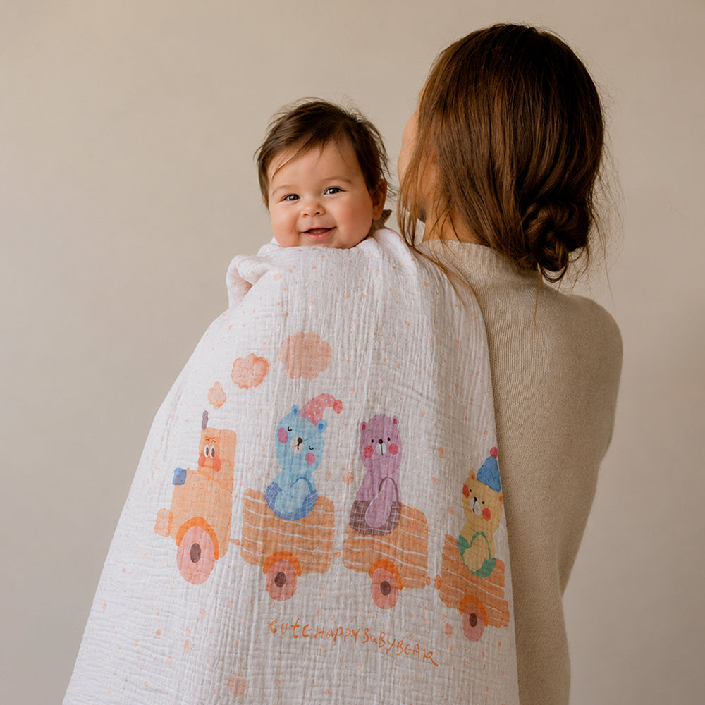Bear Toy Train Super Soft Muslin Cotton Blanket for Newborns & Infants with Free Storage Pouch