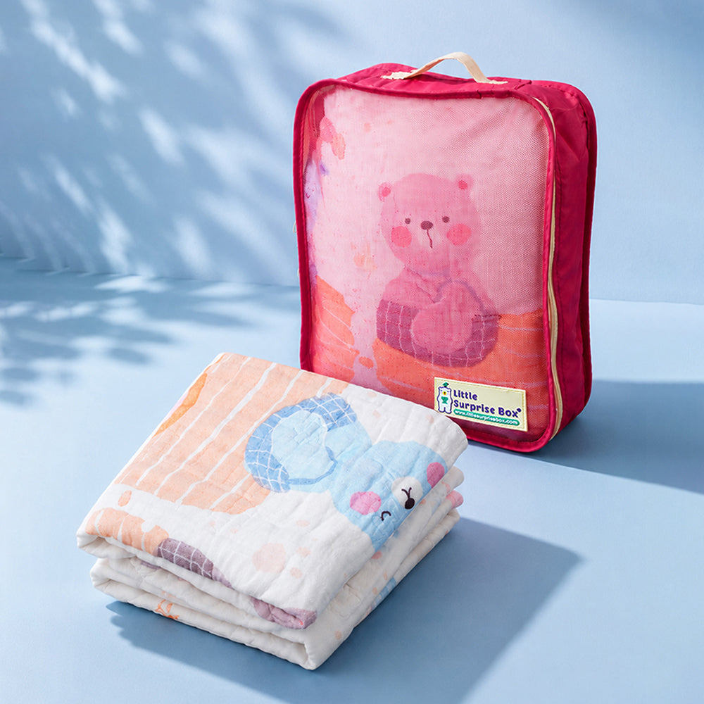 Bear Toy Train Super Soft Muslin Cotton Blanket for Newborns & Infants with Free Storage Pouch