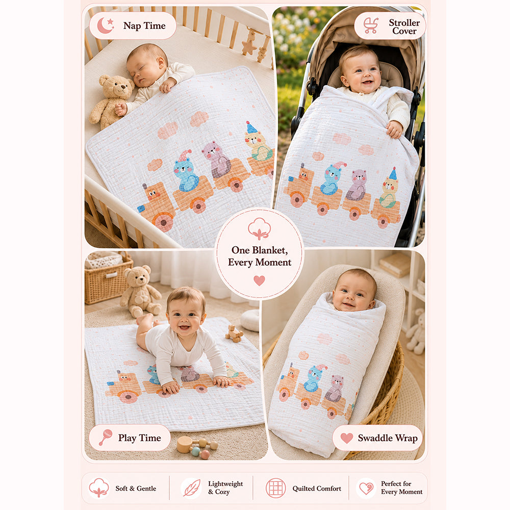 Bear Toy Train Super Soft Muslin Cotton Blanket for Newborns & Infants with Free Storage Pouch