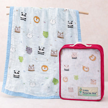 Blue Animal Kingdom, Super Soft Breathable Pure Muslin Cotton Blanket for Newborns & Infants with free storage pouch