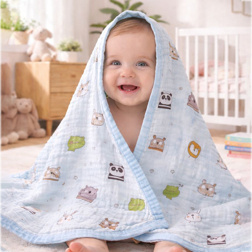 Blue Animal Kingdom, Super Soft Breathable Pure Muslin Cotton Blanket for Newborns & Infants with free storage pouch