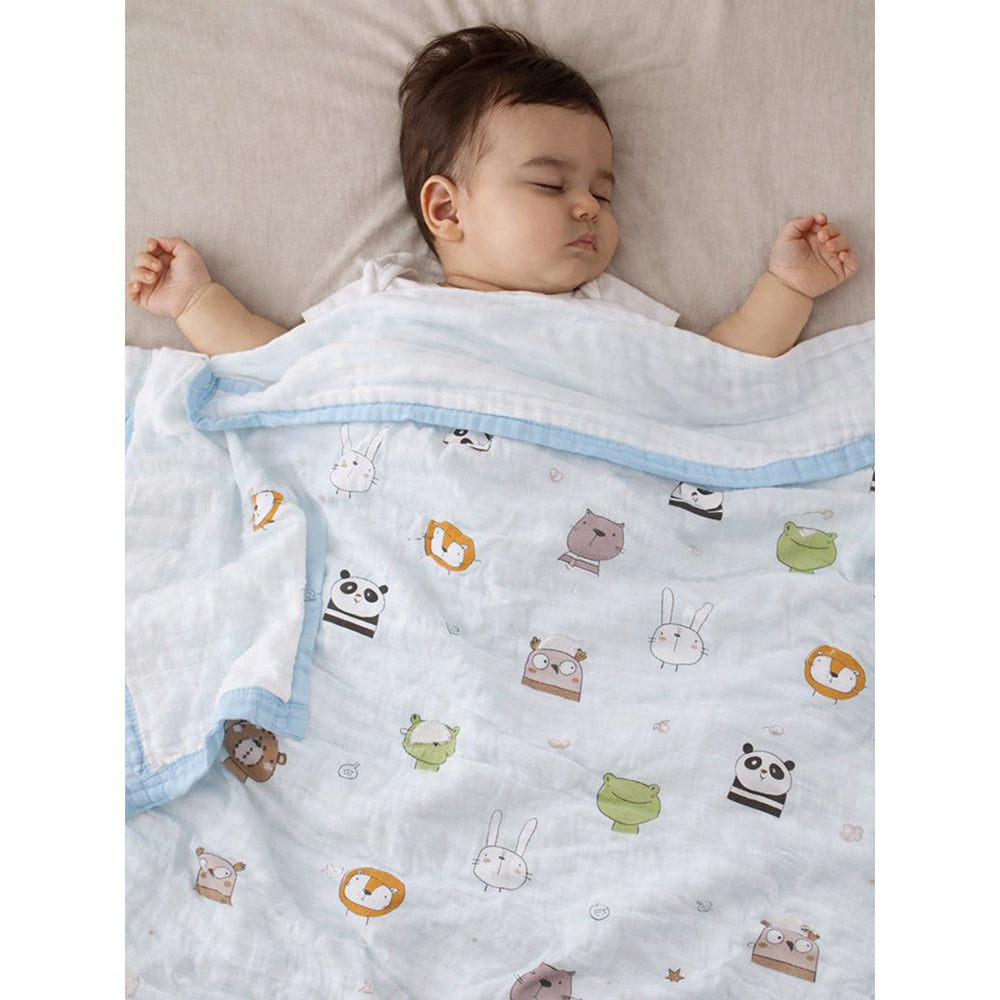 Blue Animal Kingdom, Super Soft Breathable Pure Muslin Cotton Blanket for Newborns & Infants with free storage pouch
