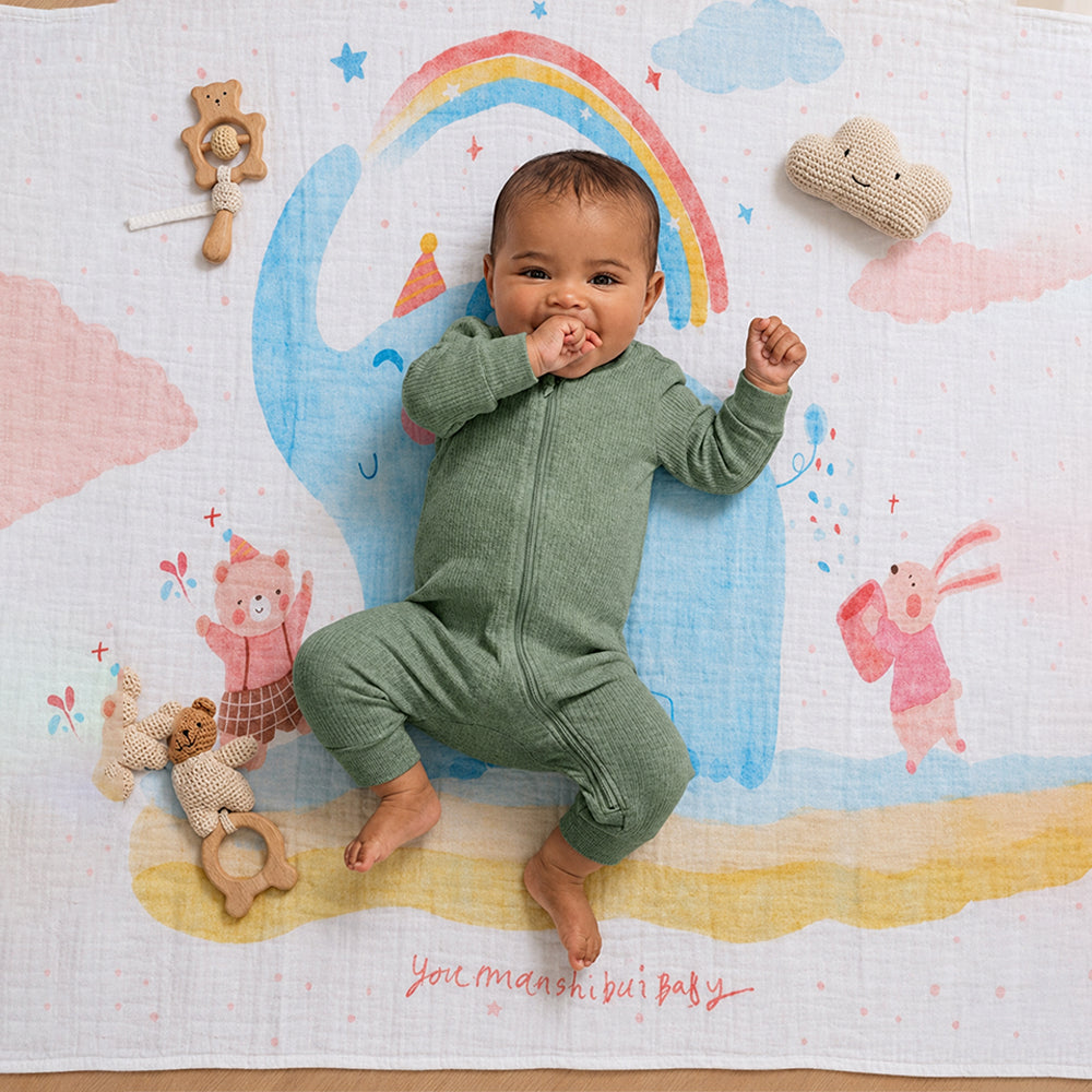 Blue Elephant & Rainbow Super Soft Muslin Cotton Blanket for Newborns & Infants with Free Storage Pouch