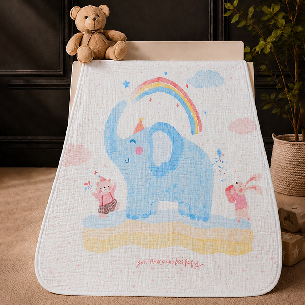 Blue Elephant & Rainbow Super Soft Muslin Cotton Blanket for Newborns & Infants with Free Storage Pouch