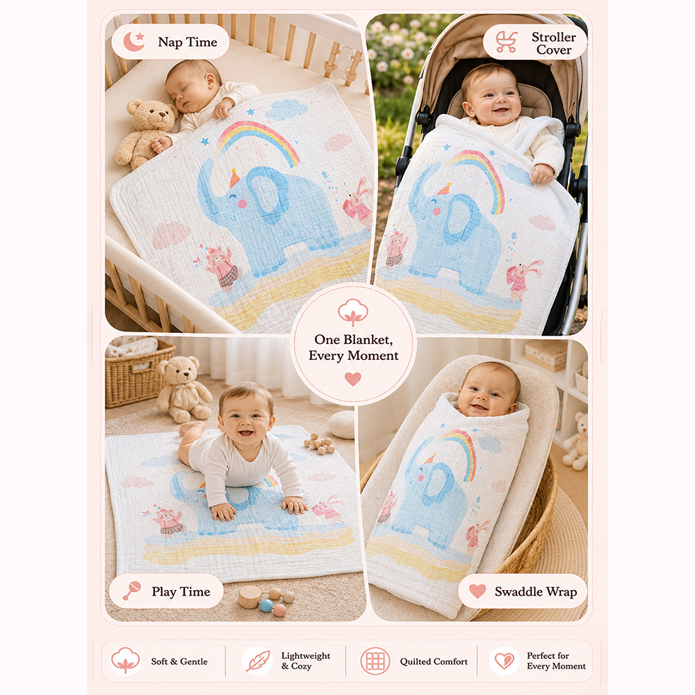 Blue Elephant & Rainbow Super Soft Muslin Cotton Blanket for Newborns & Infants with Free Storage Pouch