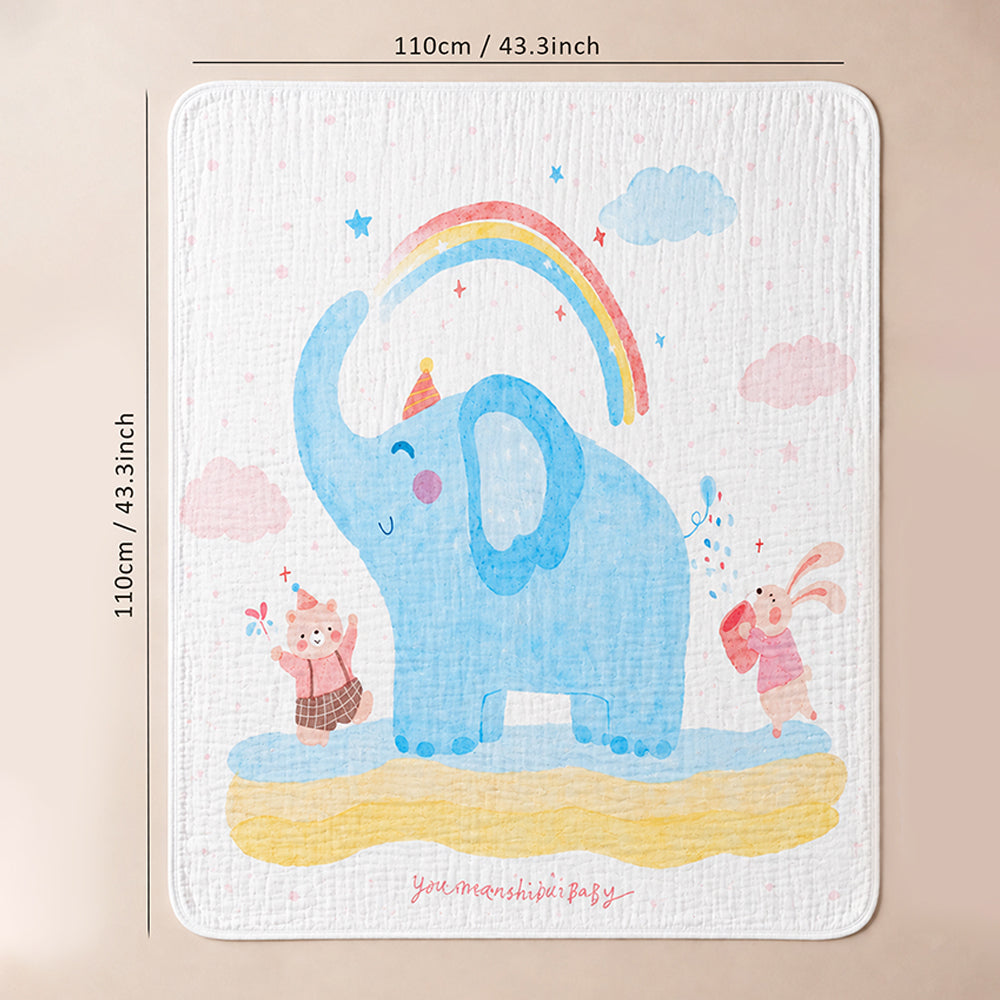 Blue Elephant & Rainbow Super Soft Muslin Cotton Blanket for Newborns & Infants with Free Storage Pouch
