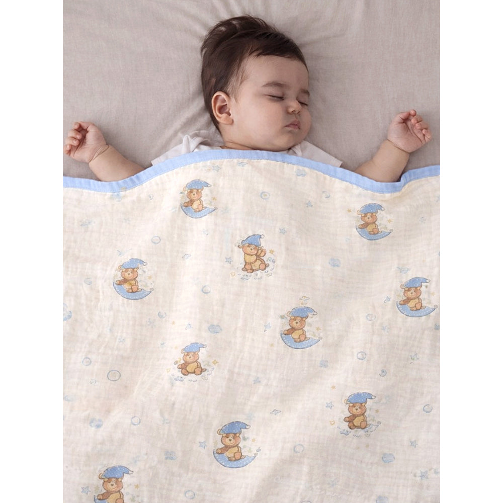Blue Moon Teddy , Super Soft Breathable Pure Muslin Cotton Blanket for Newborns & Infants with free storage pouch